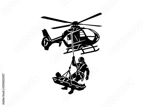 Emergency Helicopter Rescue Operation: Paramedic Hoisting Patient in Stretcher, Medical Evacuation Glyph