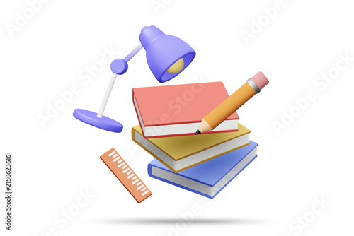 3d render education concept with stacked colorful books, purple desk lamp, pencil, and ruler illustration, school supplies set isolated on transparent background png design visual asset