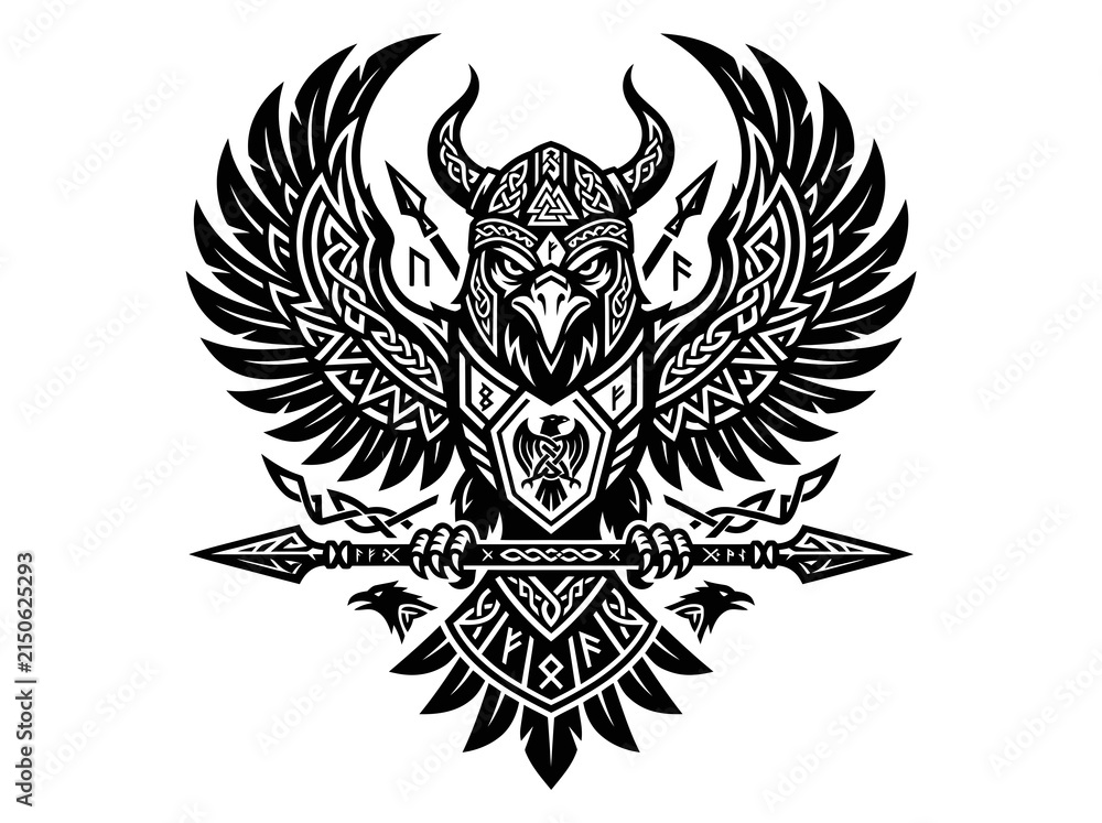 Fototapeta premium Norse Mythology Viking Eagle Warrior Emblem Glyph Vector Art - Stylized Black White Celtic Mascot