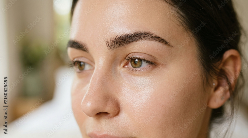 Fototapeta premium Close-up portrait of a woman's face with clear skin and natural eyebrows