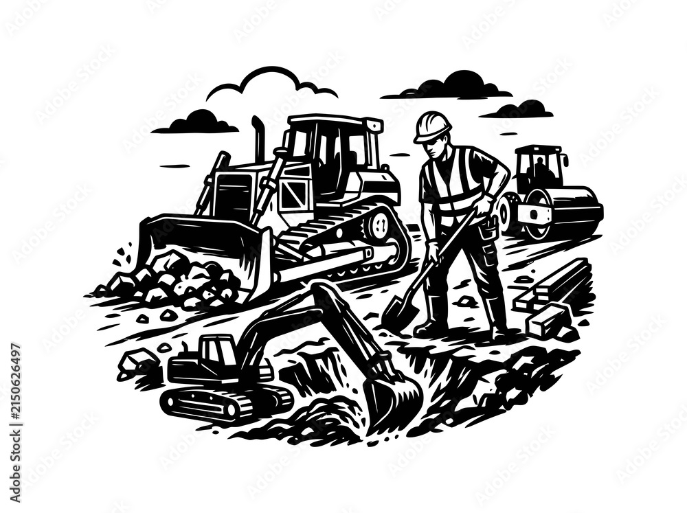 Naklejka premium Black and White Construction Site Scene with Bulldozer, Excavator, Roller, Worker Digging