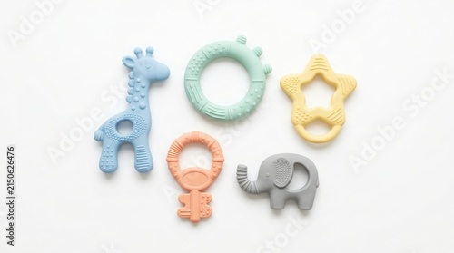 Collection of colorful silicone teething toys for infants and toddlers isolated with teething silicone colorful elephant accessories parenting childhood equipment collection nontoxic