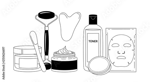 Cosmetic products and skincare tools depicted in a black and white illustration
