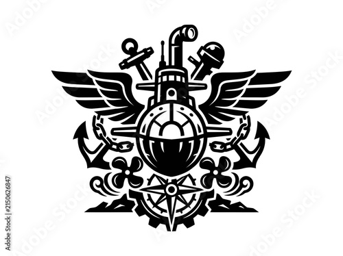 Naval Submarine Force Crest Emblem Vector Art: Black and White Maritime Military Badge Glyph