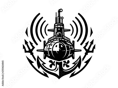 Black and White Submarine Naval Mascot Emblem Illustration with Trident, Anchor and Sonar Waves