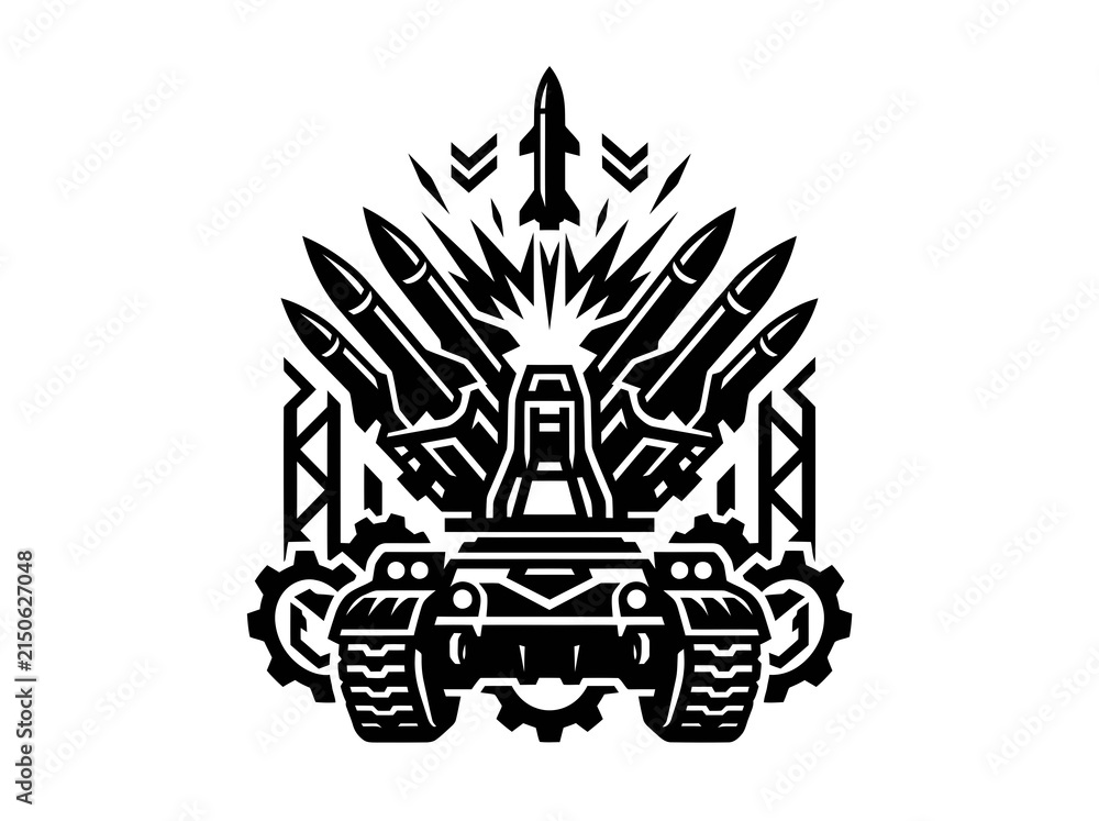 Fototapeta premium Military Missile System Emblem. Black White Glyph of Rocket Launcher on Tank Tracks.