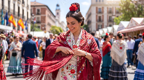 Smiling woman in traditional chulapa dress during San Isidro festival in Madrid