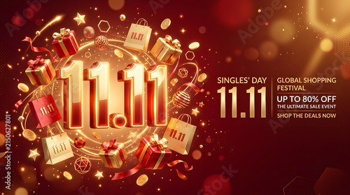 Golden 11.11 Singles Day global shopping festival promotional banner with gift boxes and shopping bags.