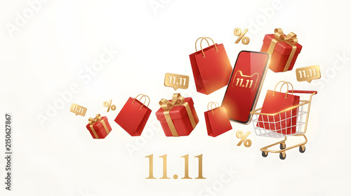 3D illustration of 11.11 shopping festival with mobile phone, gift boxes and shopping bags.