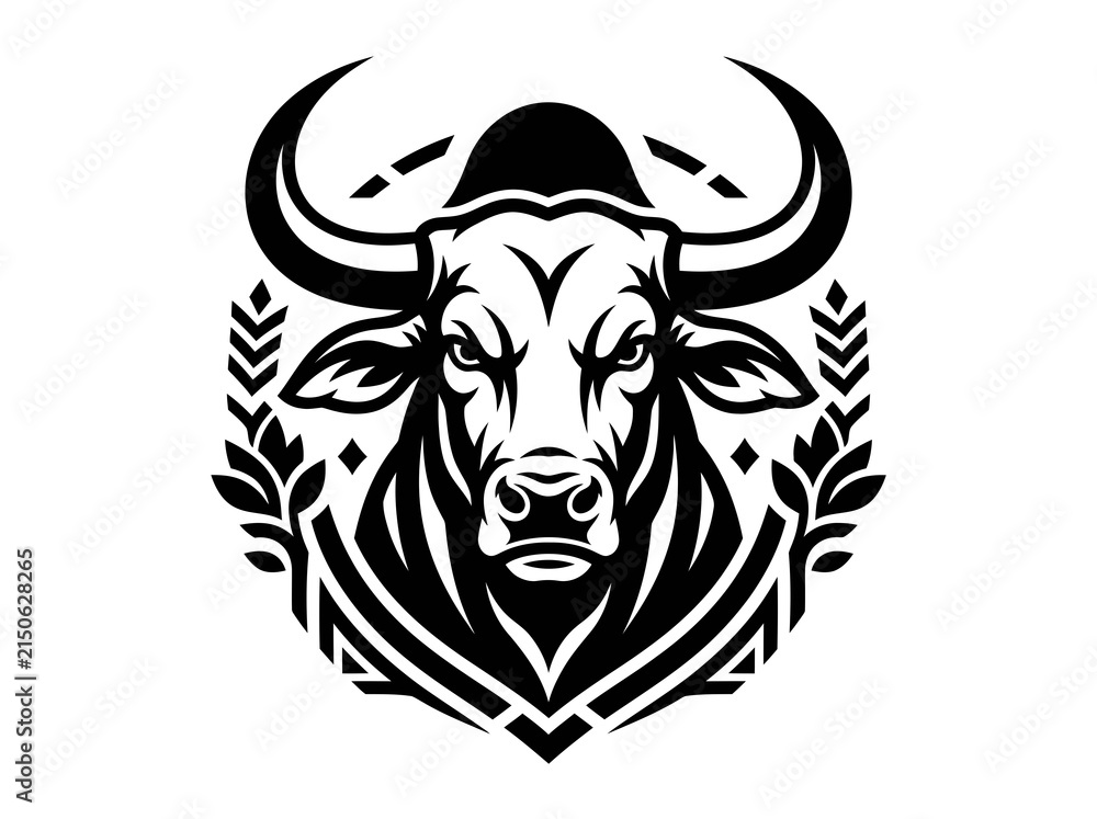 Fototapeta premium Stylized Bull Head Crest Logo in Black and White with Wheat for Agriculture and Ranching