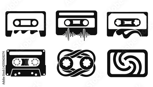 Set of retro cassette tape icons with creative audio sound elements