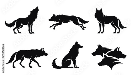 Wolf silhouette icons set in various poses for wildlife design