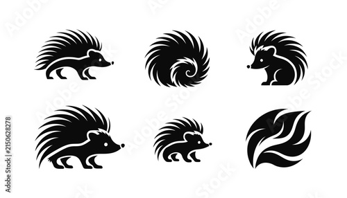 Set of minimalist hedgehog icons in black and white vector style