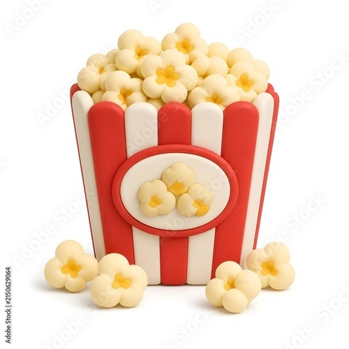 popcorn box with a label showing popcorn, with several popcorn pieces placed in front 3d rendering isolated on white background cartoon plastic style icon