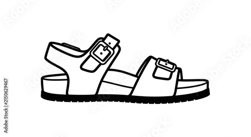 Black and white line drawing of a sandal with two buckles