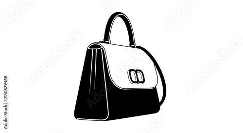 Black and white handbag silhouette with double loop emblem on white background