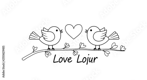 Two birds perched on a branch with a heart black line drawing