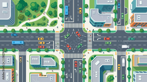 Urban Intersection Scene: Cars, Bus, Park, Buildings - Top View