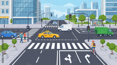 Urban Intersection Scene with Traffic, Pedestrians, and Cyclist