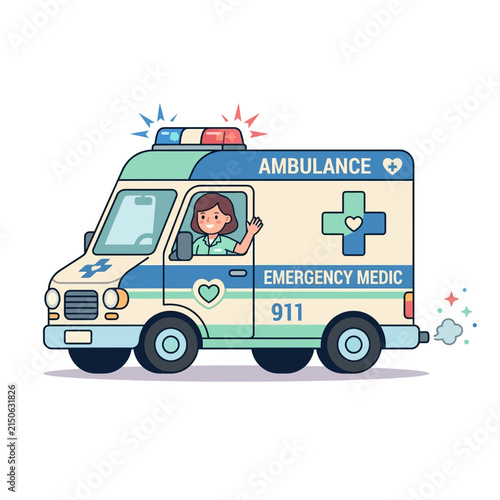 Cartoon Ambulance with Medic Waving