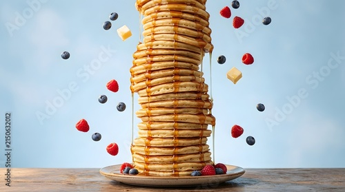 Deliciosa Torre de Panquecas com Frutas Vermelhas e Manteiga, Fotografada em uma Cozinha Iluminada, Fotografia Gastronômica, Delícia Culinári