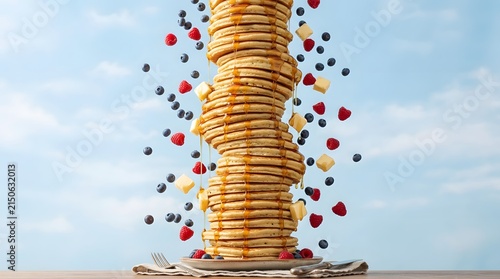 Deliciosa Torre de Panquecas com Frutas Vermelhas e Manteiga, Fotografada em uma Cozinha Iluminada, Fotografia Gastronômica, Delícia Culinári