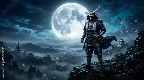 Samurai Warrior in Armor, Japanese Landscape, Digital Artwork, Nighttime, Dramatic Viewpoint, Honor and Valor