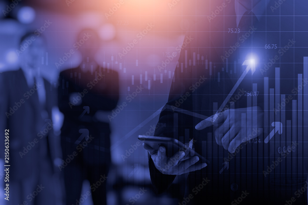 Obraz premium Business man on digital stock market financial indicator background. Digital business and stock market financial indicator on LED. Double exposure of business man and digital stock market financial.