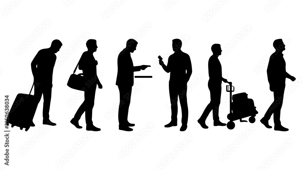 Obraz premium Silhouettes of people with luggage at the airport vector illustration