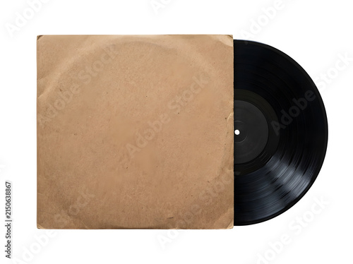 Vintage black vinyl record inside a brown paper sleeve isolated on transparent background