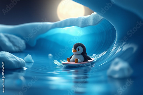3d render of a penguin on a surfboard. Cute penguins Surfing art