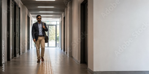 South Asian professional using white cane in office corridor