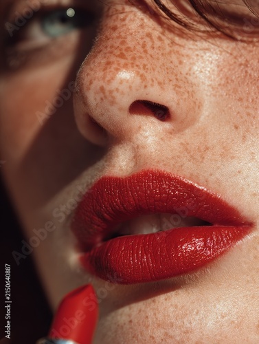 Macro close-up of red lipstick being applied on a woman's lips with natural light, highlighting glossy texture, smooth skin, and editorial beauty detail in a moody setting