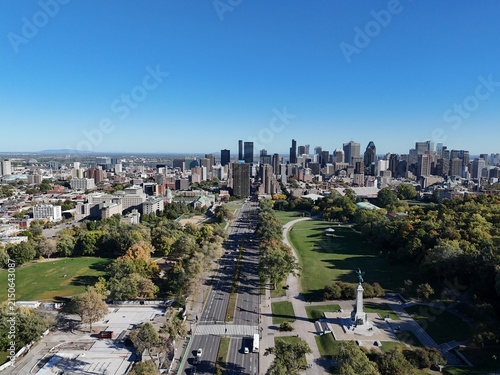 Aerial view of Montreal skyline and Mount Royal Park on a sunny autumn day in Quebec, Canada. g.