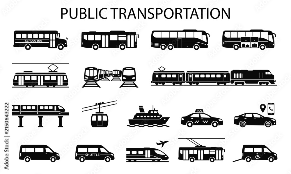 Obraz premium Set of colorful public transportation icons featuring various transit vehicles for city travel and urban navigation vector design