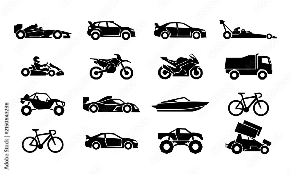 Fototapeta premium Collection of various racing vehicle icons featuring sports cars and speed machines for automotive design vector art