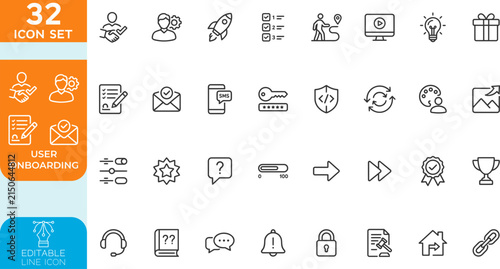 User Onboarding line editable Vector illustration icon set. Contain icons related to account setup, login, tutorial, user guide, and more. on transparent background.