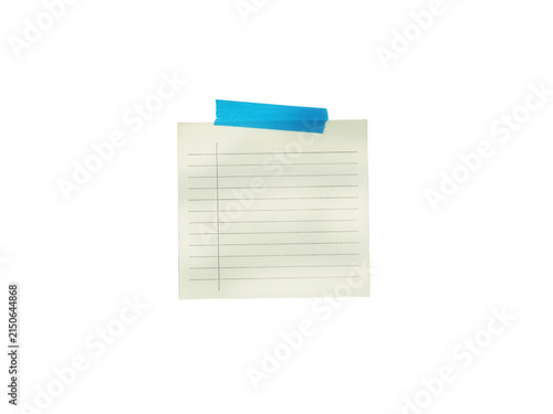 Small piece of lined note paper attached with a bright blue masking tape strip isolated on a transparent background