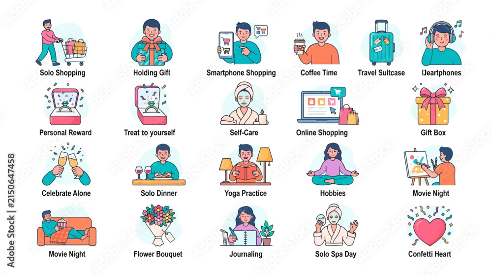 Naklejka premium Set of flat design icons representing solo activities and self-care routines.