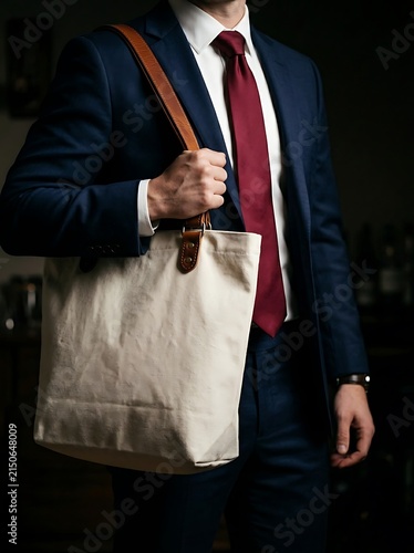 Stylish professional in a sharp navy suit accessorized with a modern canvas tote bag, blending business and casual elegance