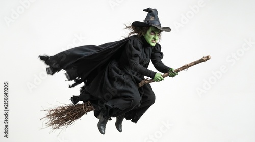 A wicked witch with green skin flying on a wooden broomstick against a plain white background