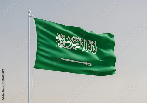 Saudi arabia flag waving on a flagpole against a gray background