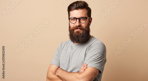 Smiling bearded man with eyewear and crossed arm standing perfect for business marketing and corporate profiles and superb pages