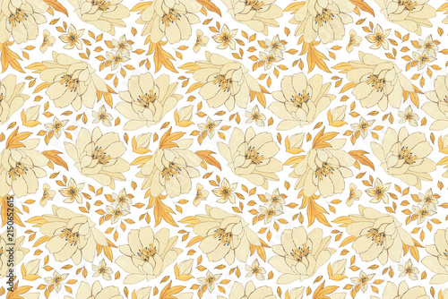 Delicate seamless floral pattern featuring large beige and yellow flowers on white background