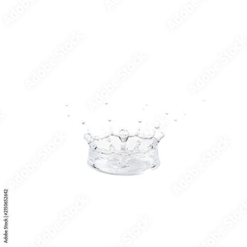 A crown shaped water droplet splash frozen in mid air on a white background crystal clear liquid with intricate details and reflective surfaces