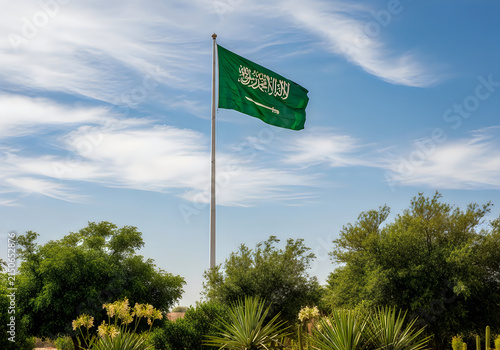Saudi arabia flag waving high above lush green trees under a blue sky