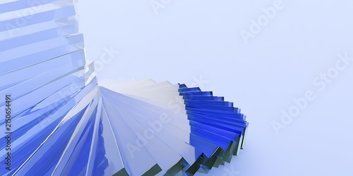 Abstract 3d render background, blue translucent glass plates arranged in a geometric spiral. Modern transparent crystal layers with light refraction and soft shadows on a clean white backdrop