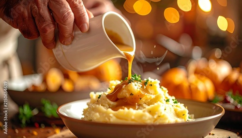 Pouring Gravy Over Mashed Potatoes Thanksgiving Dinner.