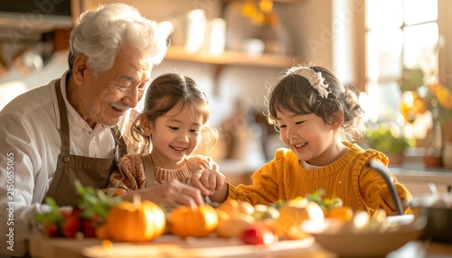 Grandfather and grandchildren happily preparing food together in a kitchen.