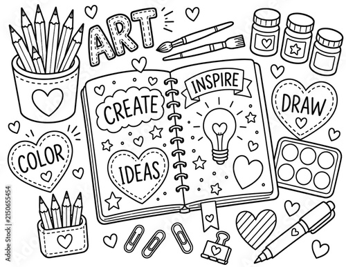 art and creativity themed coloring page for adults with stationery and sketchbook. Includes art related words such as create, draw, and inspire. Ready to print on standard 8.5 x 11 inch paper.